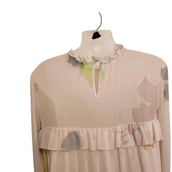 Cynthia Rowley Long Sleeve High Neck Tiered Floral Ruffle Shift Dress Pink Sze 6 - Picture 7 of 11